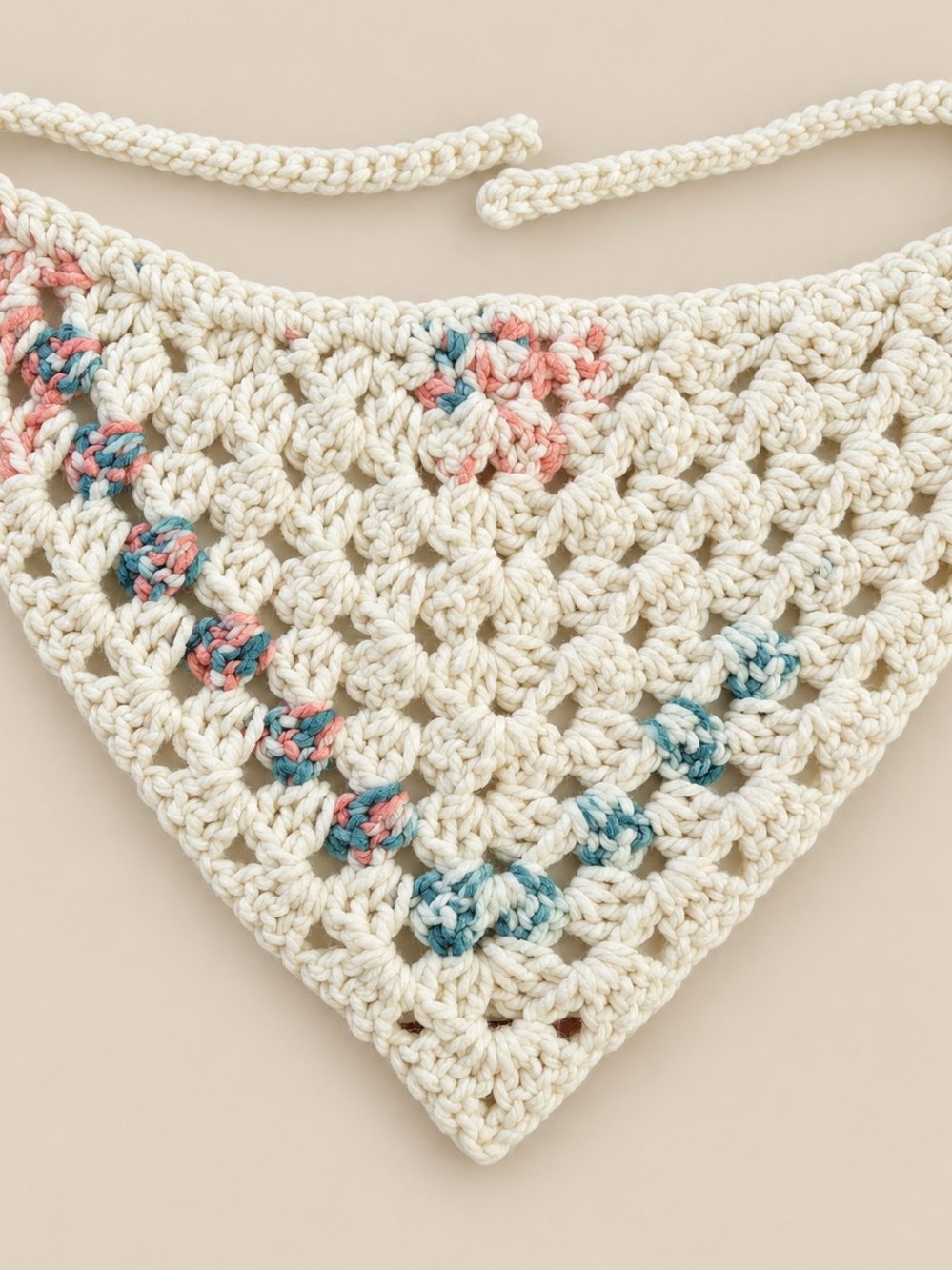 Crocheted Mini Triangle Neckerchief Scarf in Cream with Pink & Teal Accents